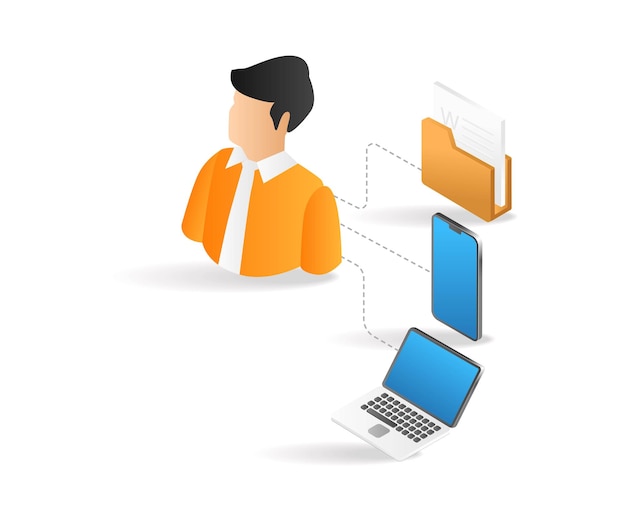 Flat isometric 3d illustration of man controlling app branch