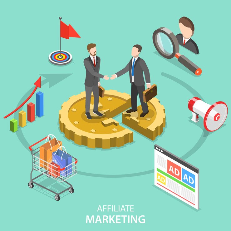 Vector flat isometric concept of affiliate marketing strategy