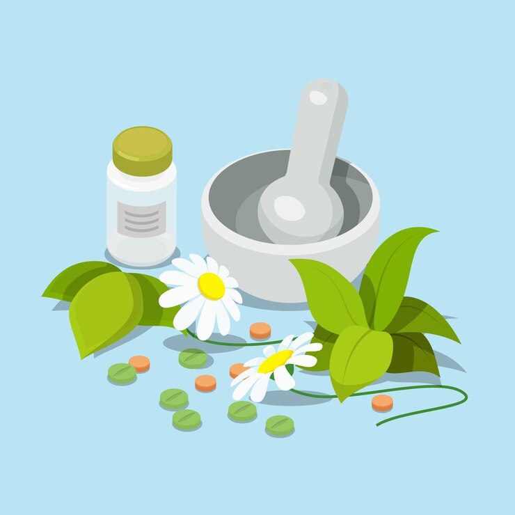 Vector flat isometric herbal heeling cure alternative medicine concept