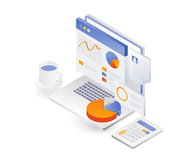 Flat isometric illustration concept computer data analysis