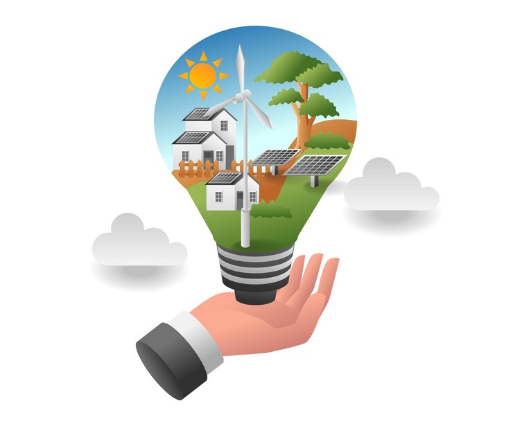 Vector flat isometric illustration concept house with solar panels inside the light bulb