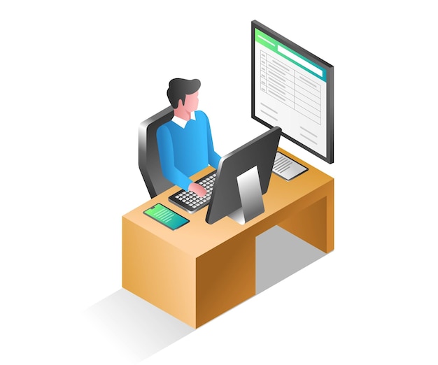 flat isometric illustration concept man working at office desk