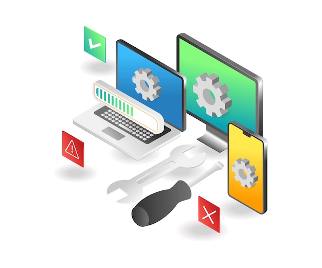 flat isometric illustration concept website application responsive installation process