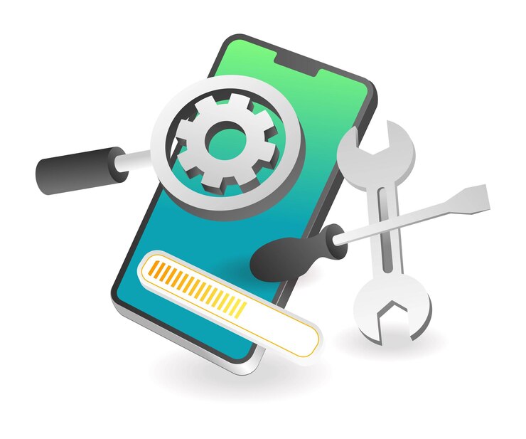 Vector flat isometric illustration landing page concept update app maintenance process