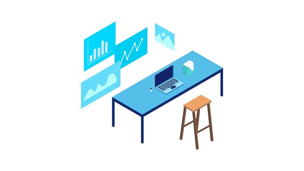 Flat isometric office chair table on laptop file coffie vector illustration business data analysis Landing page templatecharts and analyzing statistics