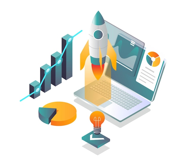 Flat isometric vector illustration  Rocket launches from laptop with data analyst