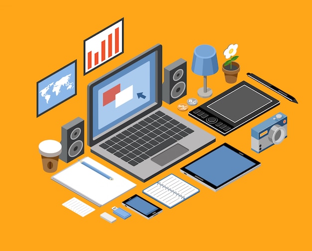 Flat isometric  workspace. Office. laptop, tablet, books, camera, office, graphic tablet, lamp, coffee