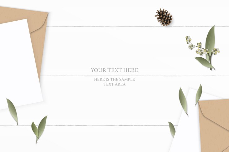 Vector flat lay top view elegant white composition letter kraft paper envelope pine cone leaf flower on wooden background.
