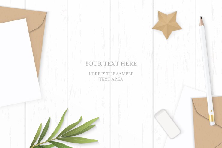 Vector flat lay top view elegant white composition letter kraft paper envelope tarragon leaf pencil eraser and star shape craft on wooden background.