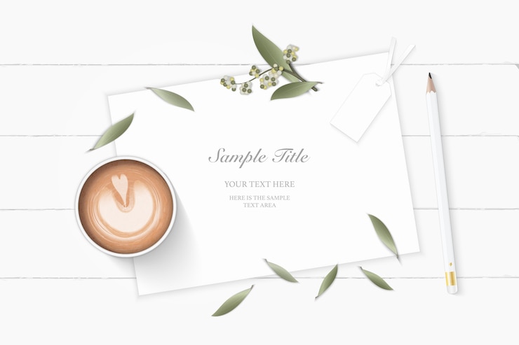 Vector flat lay top view elegant white composition paper botanic garden plant leaf flower pine cone tag pencil and coffee on wooden background.