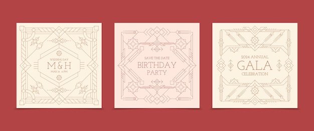 Flat linear square card set collection for events with ornaments and geometric shapes