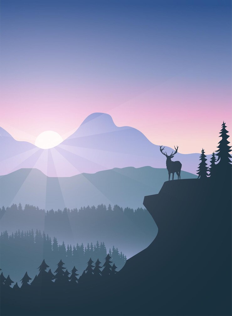 Vector flat morning scenery with a deer on top of cliff with forest mountain background