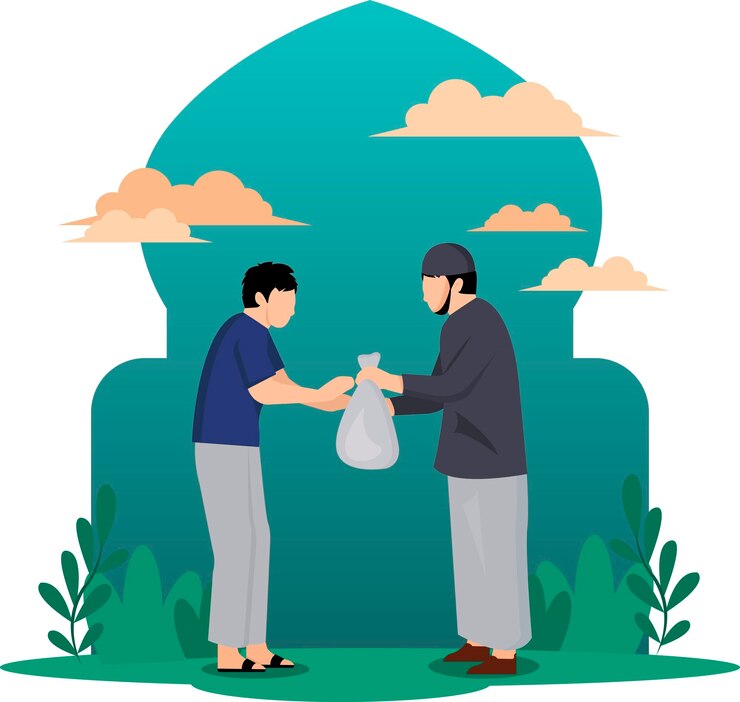 Vector flat ramadan charity background with muslim people giving a donation