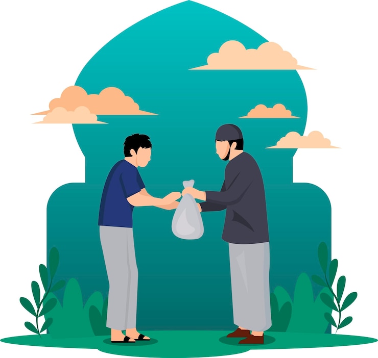 Vector flat ramadan charity background with muslim people giving a donation