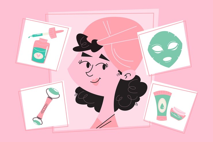 Vector flat skincare routine illustration