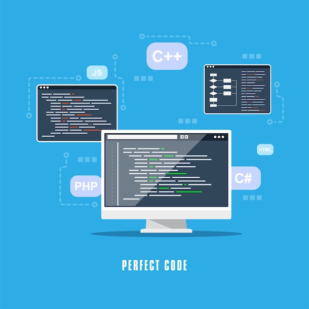 Flat style  design, coding, programming, application development concept.