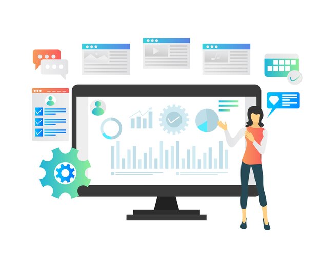Flat style illustration of a woman presenting on a growing business