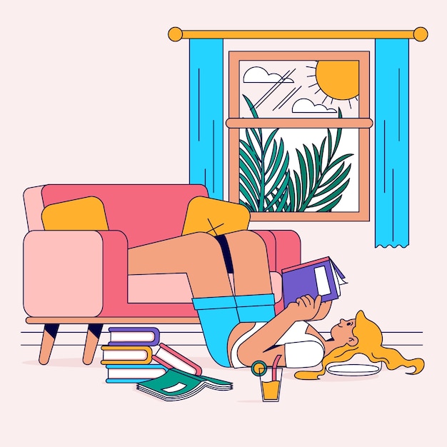 Flat summer reading books illustration with woman at home on sofa