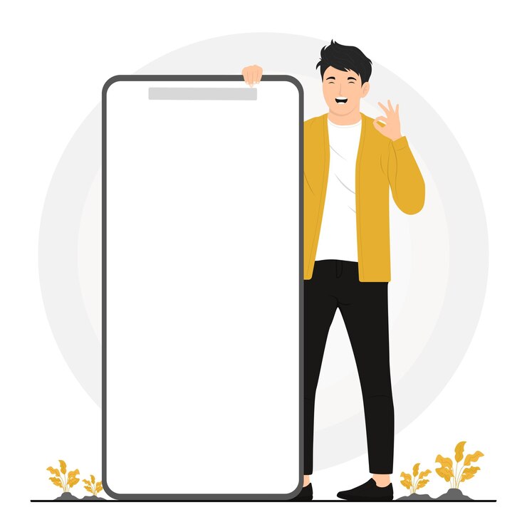 Flat vector happy man showing blank space phone boards