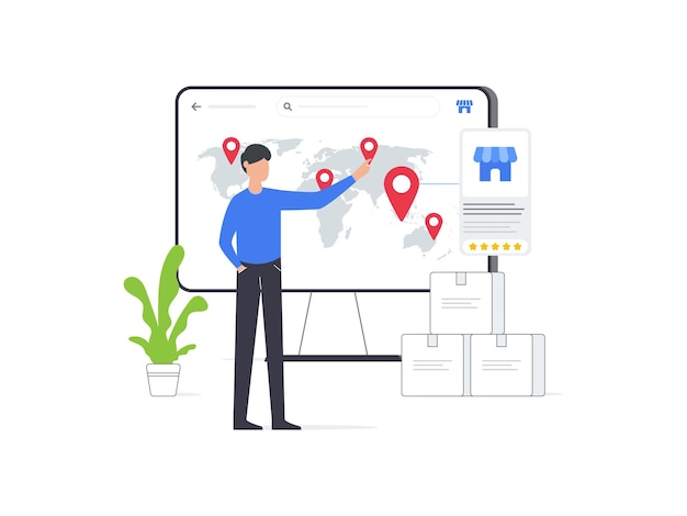 flat vector illustration of man selects franchising location on ecommerce platform represents decision making process in franchise business
