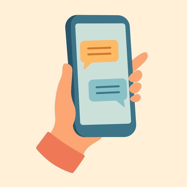 flat vector of hand with smartphone screen showing chat bubbles
