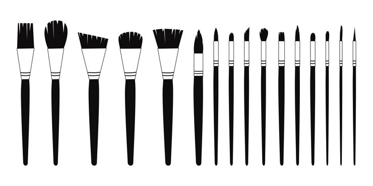 Vector flat vector painting tools in childish style hand drawn art supplies paint brushes for acrylic gouache silhouettes