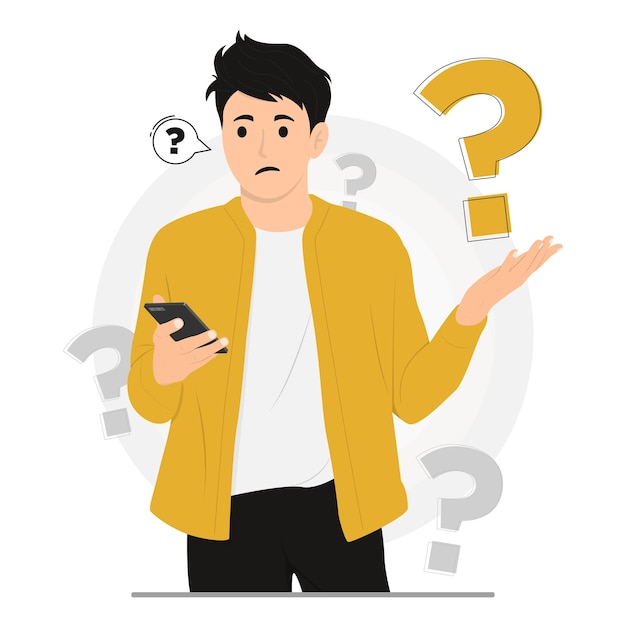 Flat vector people doubt asking questions looking phone flat illustration