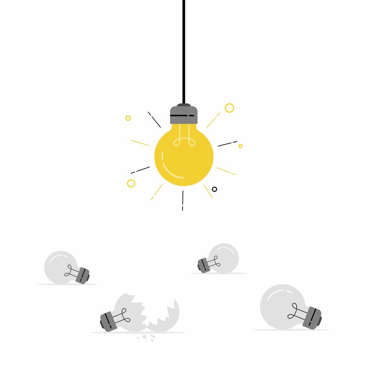 Flat vector set of laying light bulbs and one shining hanging lamp Creative ideas on business