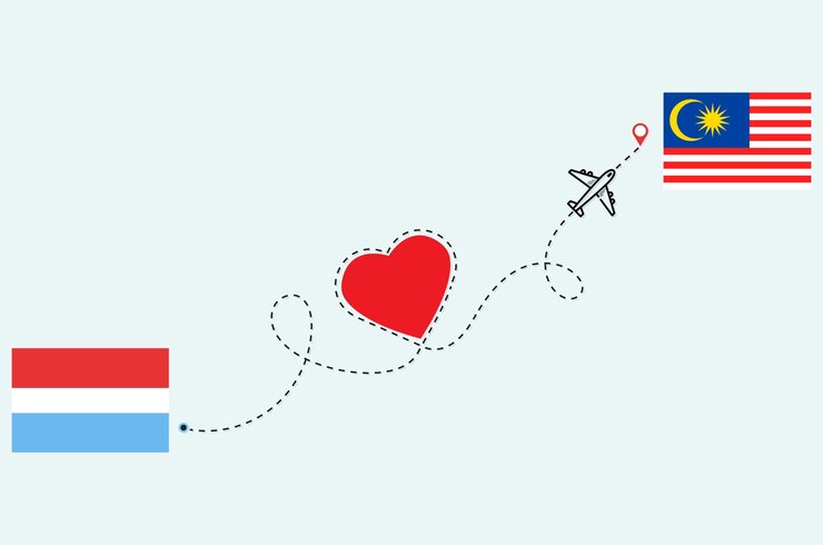 Flight and travel concept from Luxembourg to Malaysia airplane travel Heart concept flags design