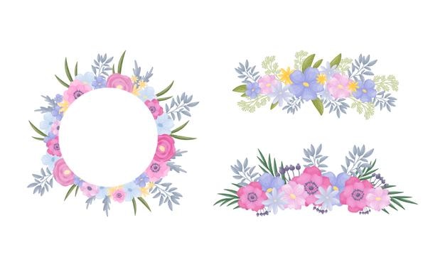 Floral border and circle frame of lush blooming flowers as decorative vector composition set
