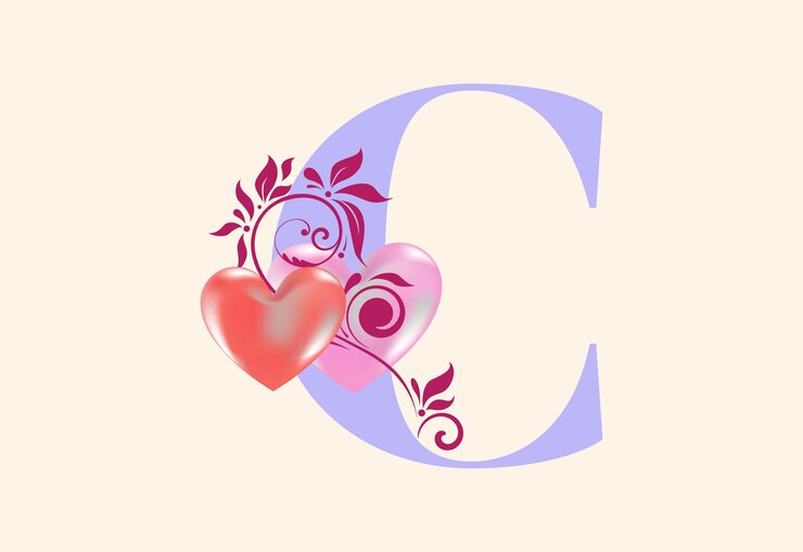 Vector floral c monogram letter with heart sign initial alphabet with botanical elements