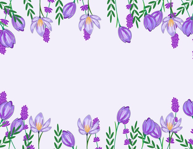 Floral copy space banner with crocuses lavender and leaves on sides empty center for personal design
