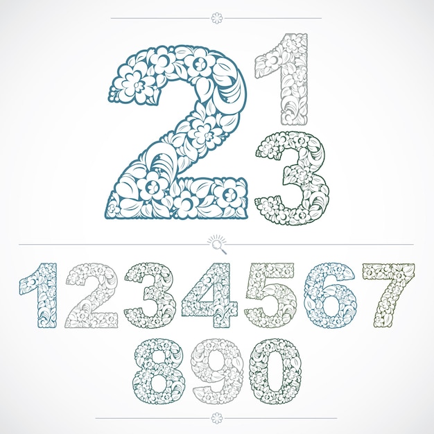 Floral numbers drawn using abstract vintage pattern, spring leaves design. Blue vector digits created in natural eco style.