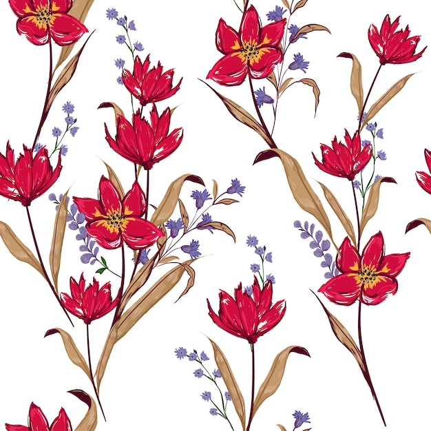 Floral seamless pattern red flowers Botanical  vector