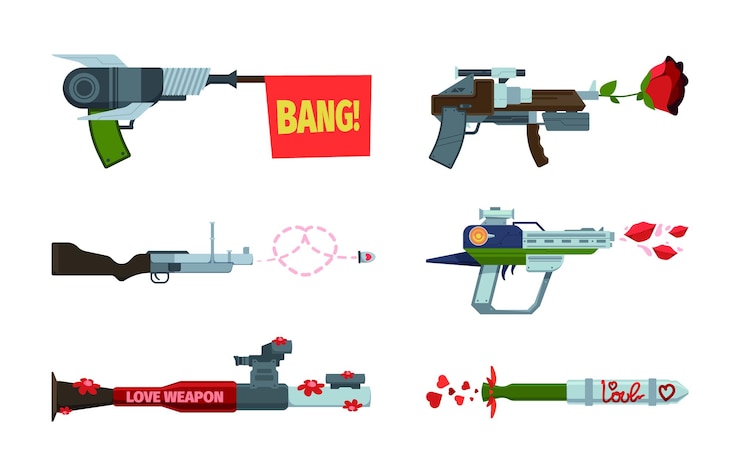 Vector flowers from gun love concept pictures shooting weapons with floral decorative beauty flowers and hearts garish vector colored cartoon pictures