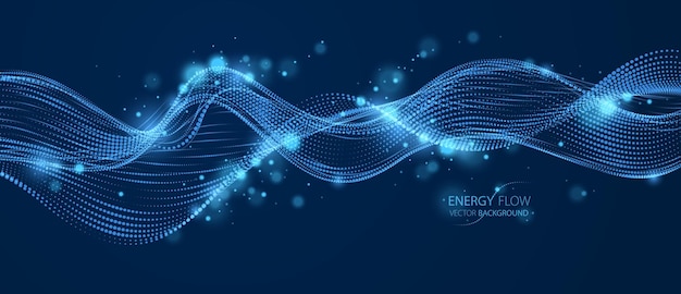Flowing energy particles, wave of blended dots over dark. Curved dotted 3d lines vector illustration. 3d futuristic technology style with glowing shining effect.