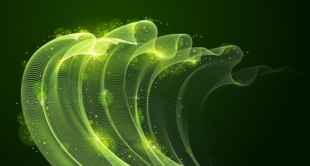 Flowing magic energy particles over dark, wave of blended dots transparent tulle textile on wind. Curved dotted 3d lines vector effect illustration. 3d futuristic style.