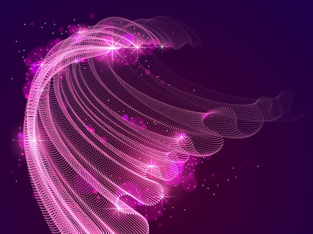 Flowing magic energy particles over dark, wave of blended dots transparent tulle textile on wind. Curved dotted 3d lines vector effect illustration. 3d futuristic style.