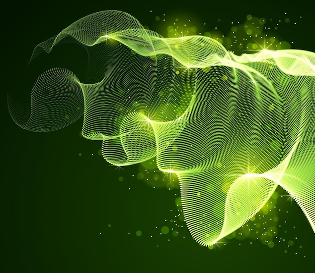 Flowing magic particles wave over dark, transparent tulle textile on wind, dynamic motion curve lines. 3d vector illustration. Beautiful calming wave shaped array of blended points.