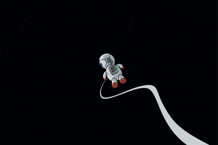 Flying astronaut in a dark deep space