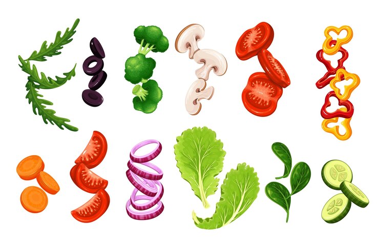 Vector flying or falling sliced vegetables and lettuce