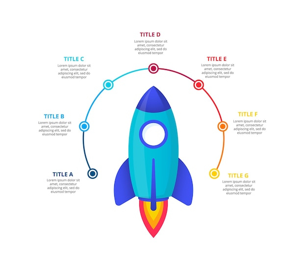flying rocket with flame vector startup infographic illustration with 7 steps options or processes