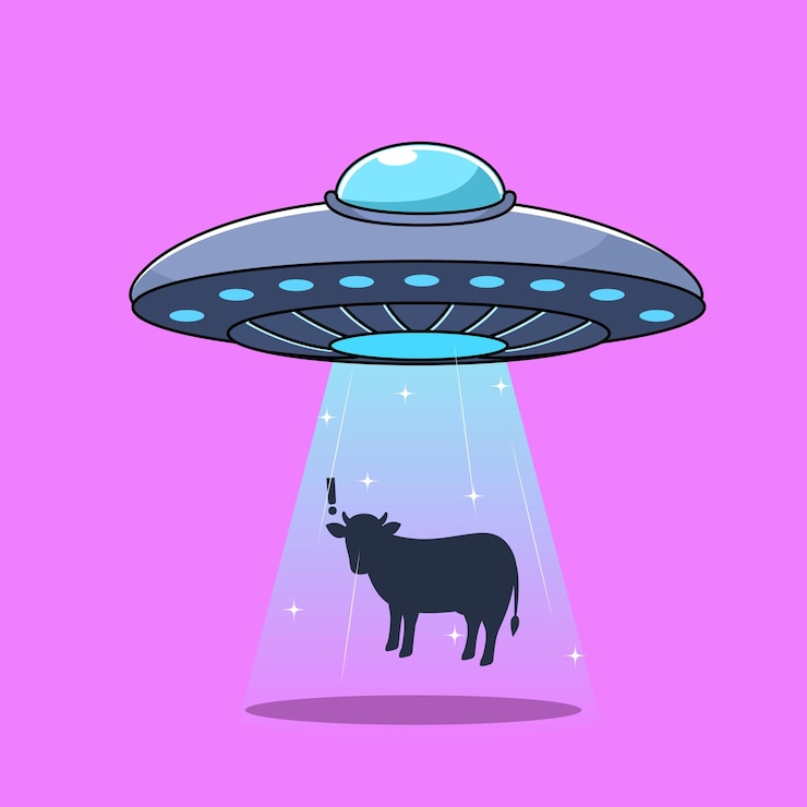 Vector flying ufo disc kidnaps cows
