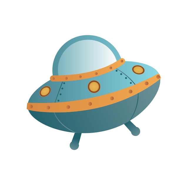Flying ufo on white background Cute stylised alien spaceship Colorful bright vector illustration