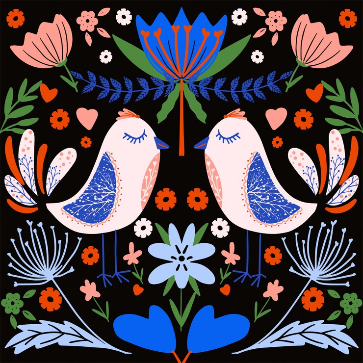 Vector folk art colourful pattern with floral and birds