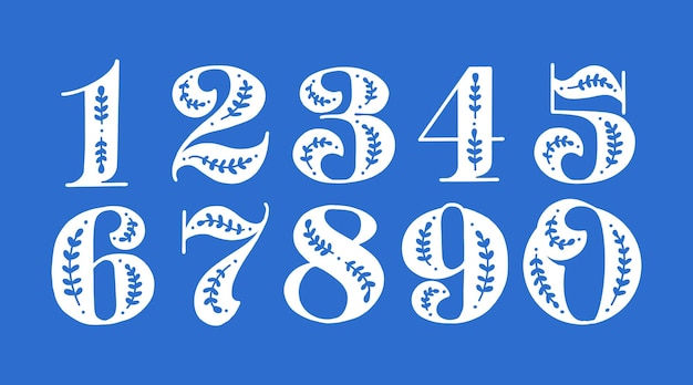 Folklore set of numbers and numbers in Scandinavian style folk patterns on a blue background font