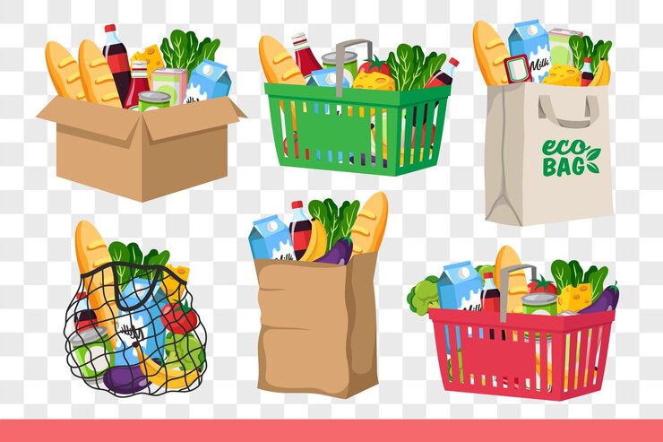 Vector food and groceries in cardboard boxes or bags and baskets from supermarket or grocery store