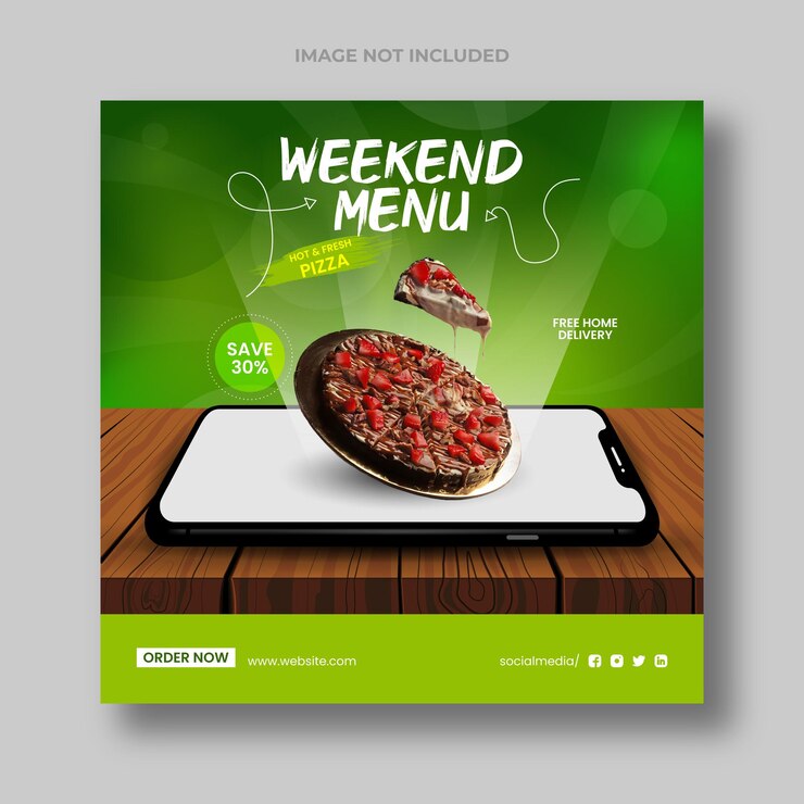 Food sale online promotion on social media post banner with 3d phone screen template