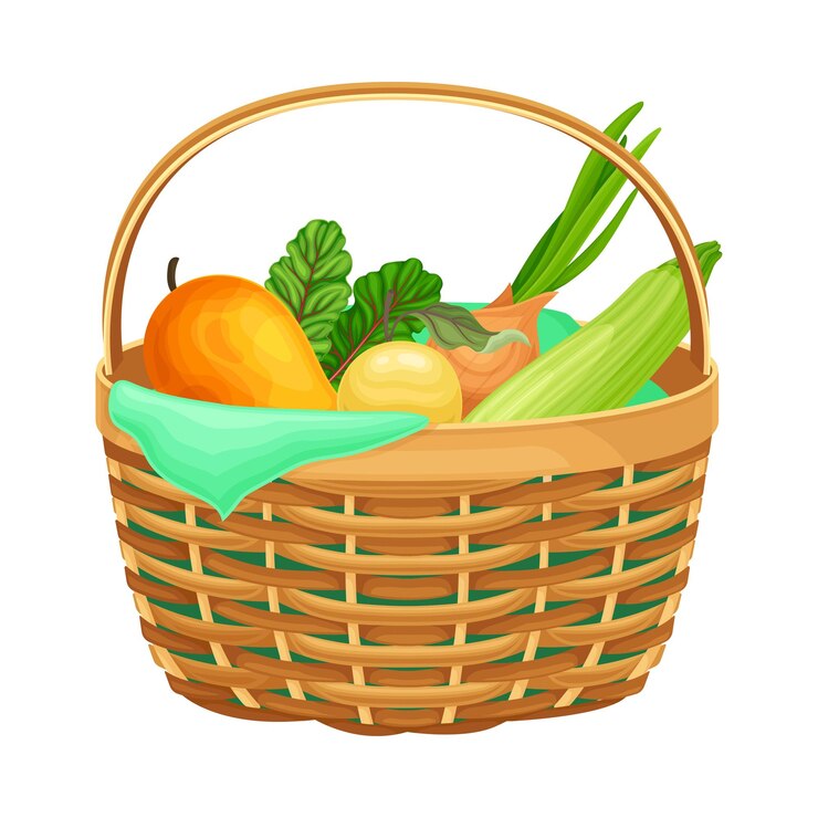 Vector food stored in wicker basket as everyday reused object vector illustration