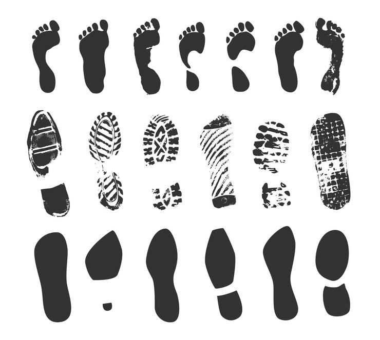Vector footprint icon human barefoot or shoes footsteps foot track silhouettes isolated boot and sneaker sole prints footwear trail shapes leg traces collection feet imprint vector black symbol set